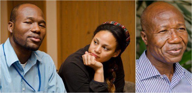 Left: Siji and Tarsi Saula at their home in Fargo, N.D. earlier this summer. Right: David Saula in Lagos last week. (MPR Photos/Nate Minor)